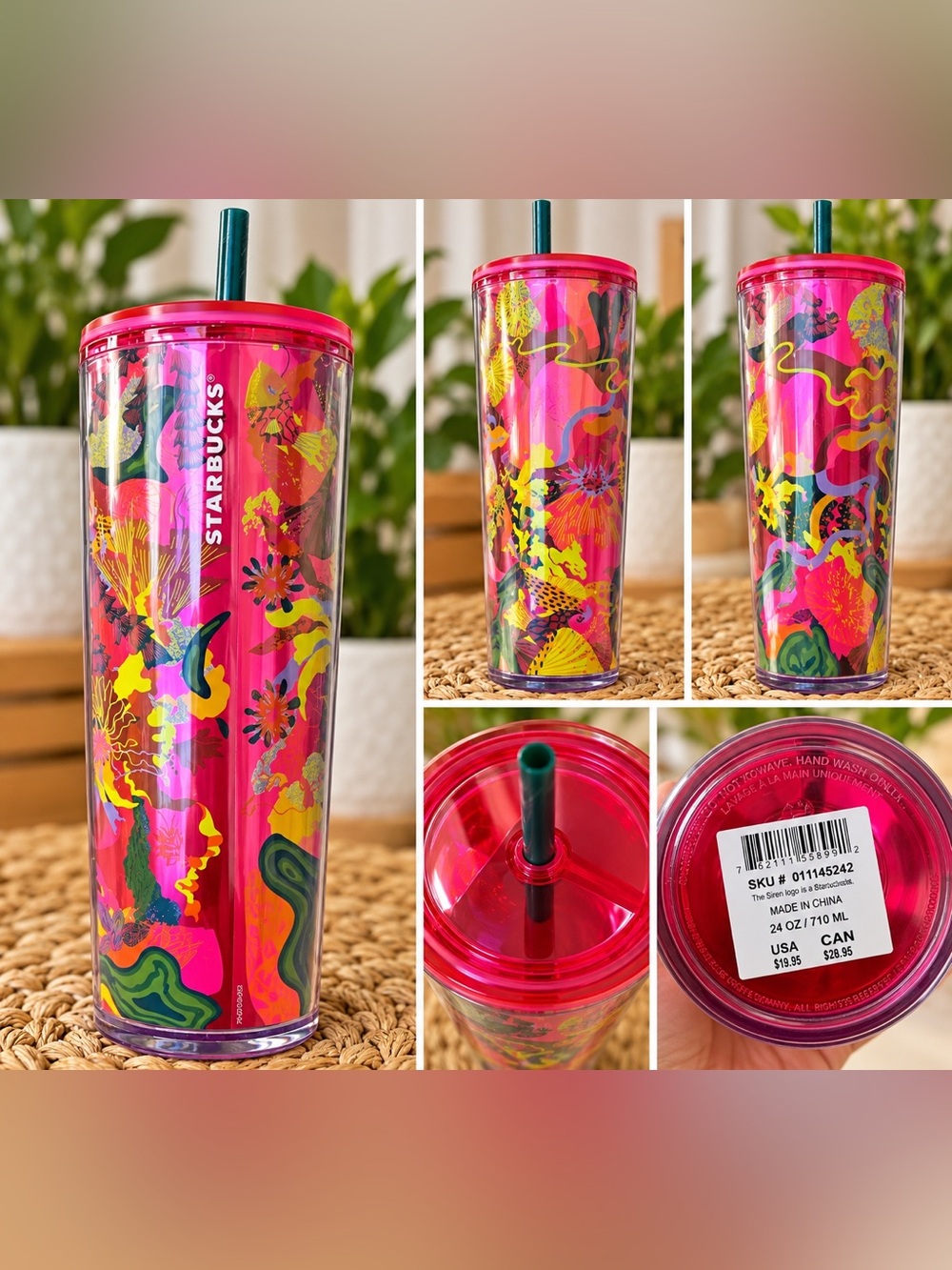 Starbucks 24 Oz Pink Floral Cold Cup Tumbler w/ Straw 2023